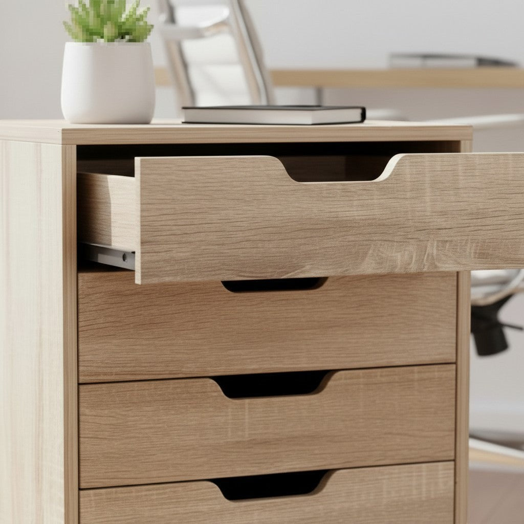 Cloud Office Studio textured beige 5-drawer mobile cabinet with one drawer open, featuring minimalist handle design.