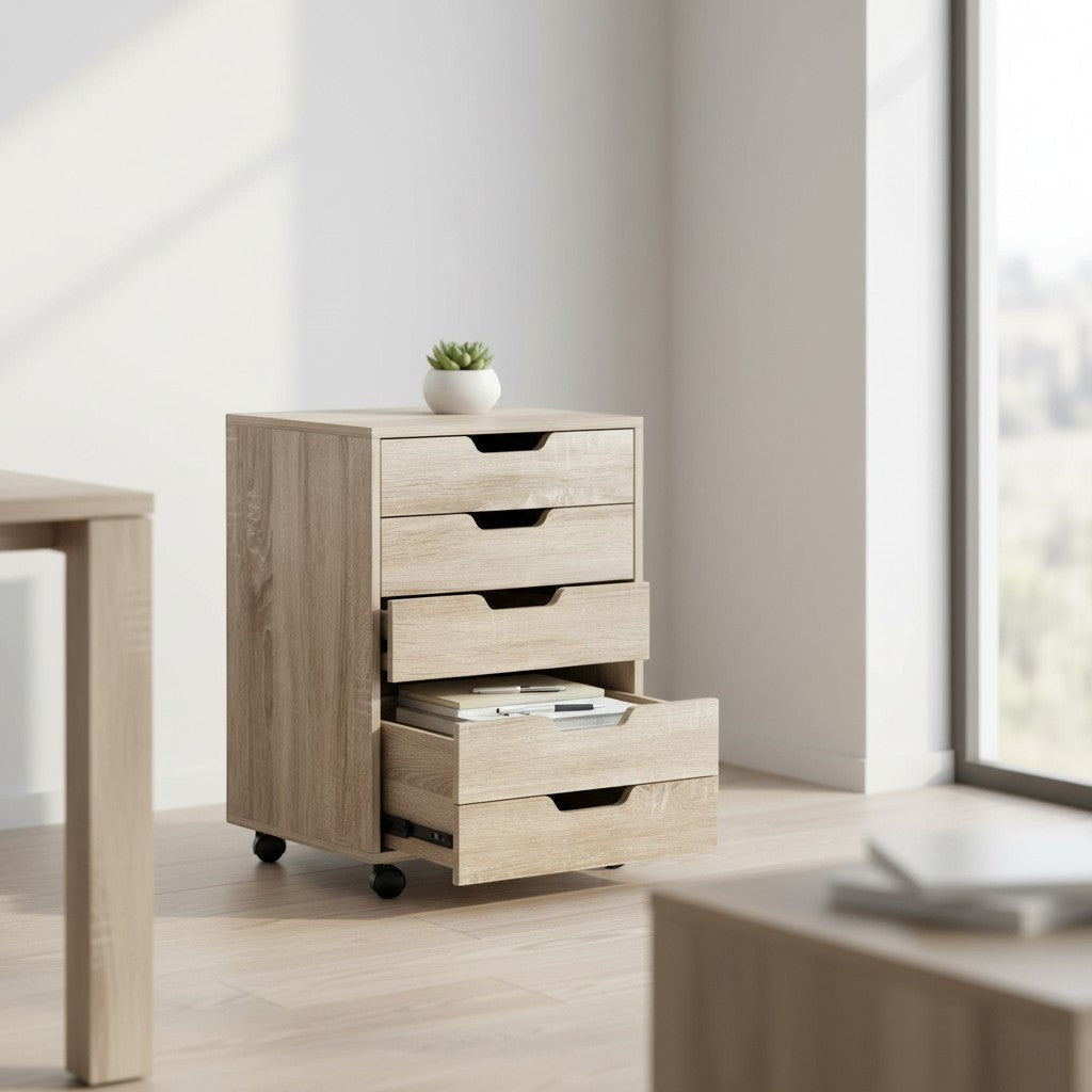 Cloud Office Studio 5-drawer mobile storage cabinet in textured beige finish with smooth-glide rails and locking casters.