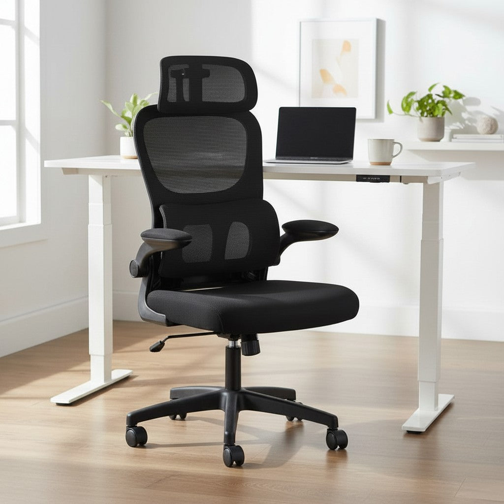 Cloud Office Studio ergonomic black mesh office chair with lumbar support and headrest in a modern home office setting