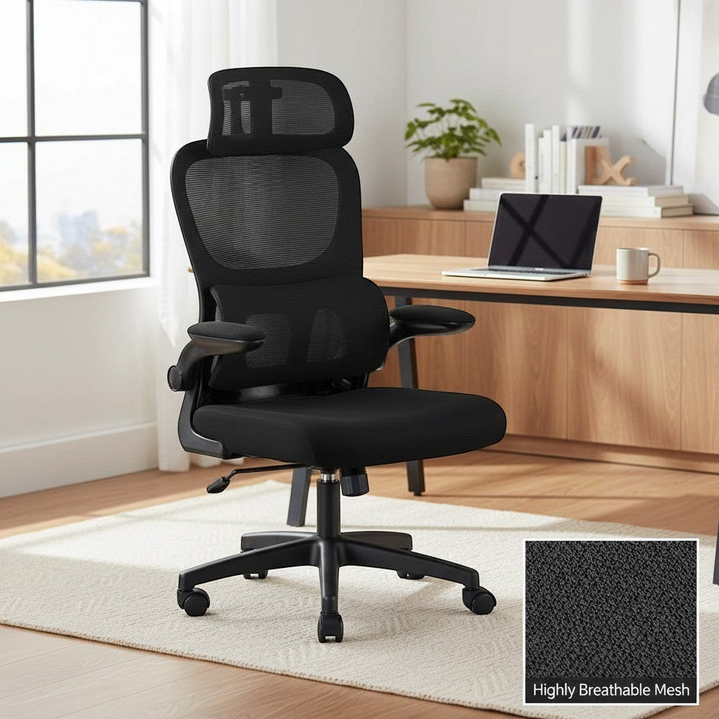 Cloud Office Studio ergonomic black mesh office chair with lumbar support and headrest in a modern home office.