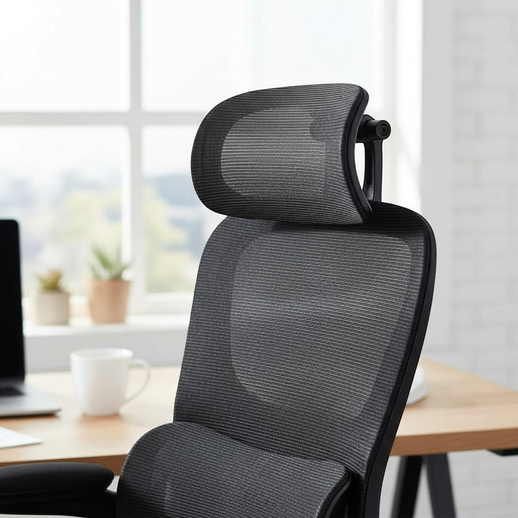Cloud Office Studio ergonomic black mesh office chair featuring an adjustable headrest and lumbar support