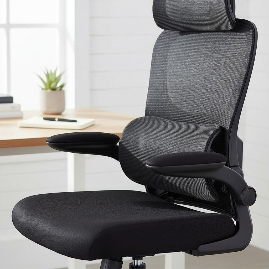 Cloud Office Studio ergonomic black mesh office chair featuring a separated adaptive lumbar support and headrest