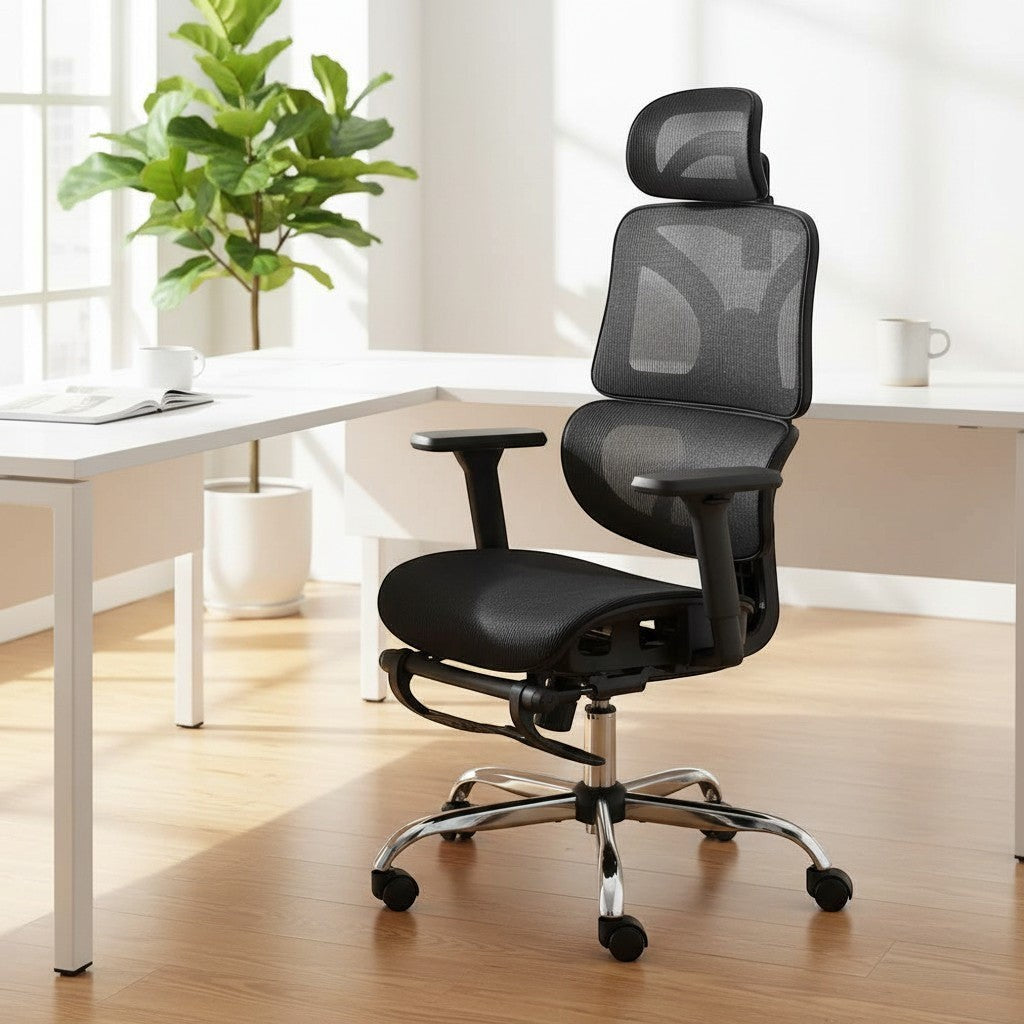 Cloud Office Studio black mesh executive chair with adjustable headrest and retractable footrest for ergonomic support.