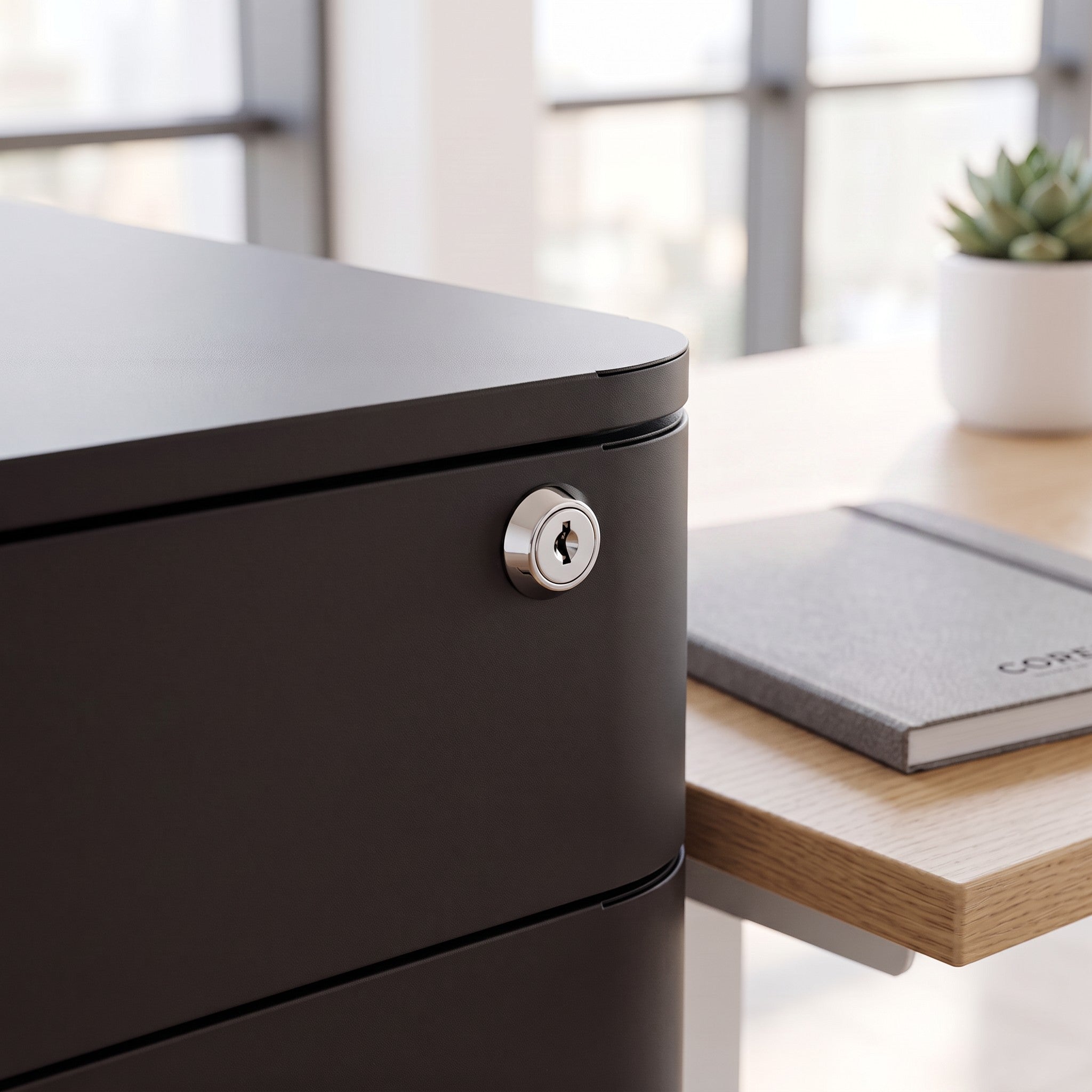 Cloud Office Studio black mobile pedestal with a secure lock, featuring a sleek powder-coated steel finish.