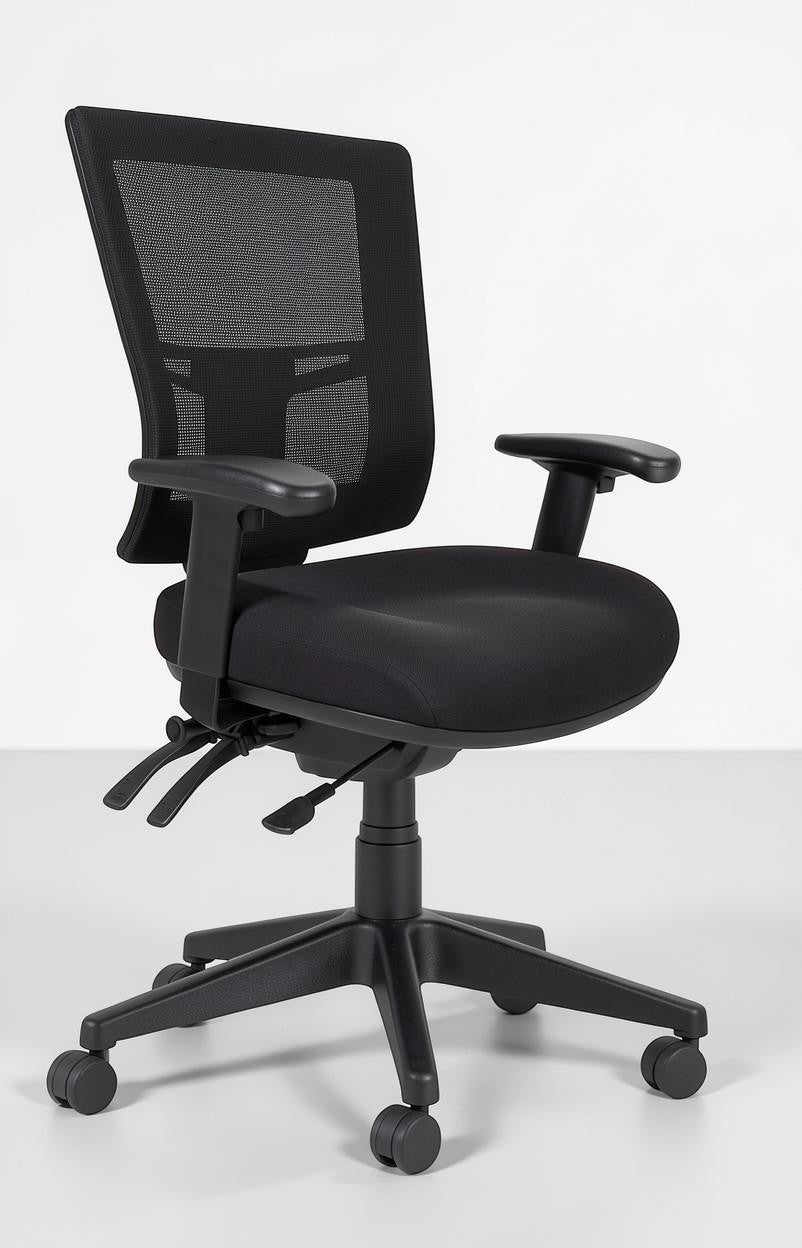 Studio photography of the Buro Metro II chair with adjustable arms against a premium light grey background.