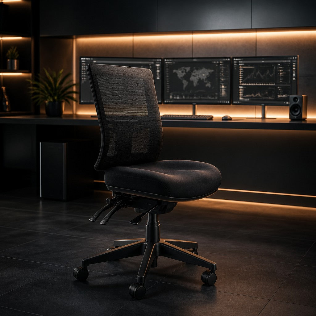 Buro Metro II 24/7 chair in a dark, high-tech multi-monitor workstation setup with ambient amber lighting.