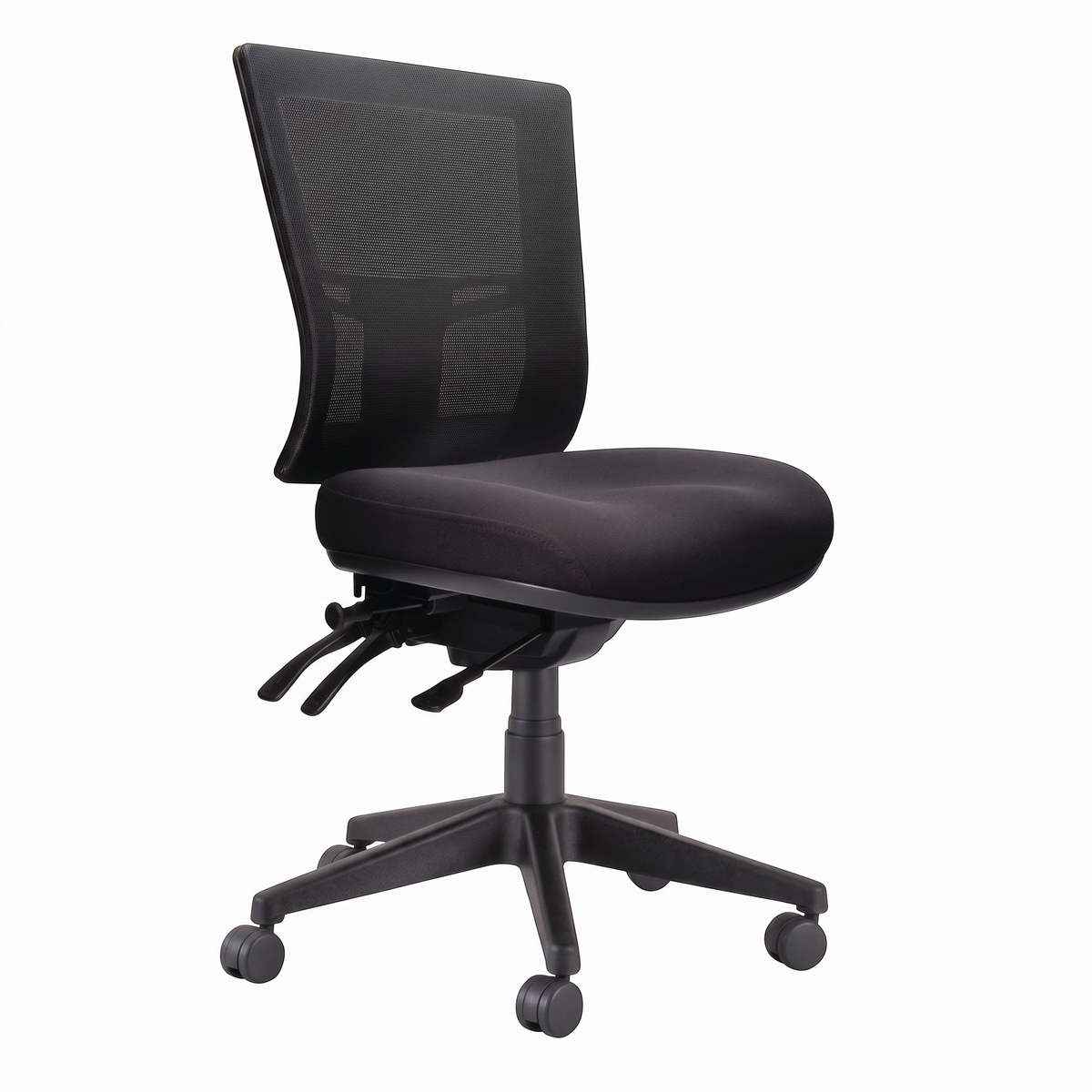 Cloud Office Studio Buro Metro II 24/7 black ergonomic task chair with breathable mesh back and 3-lever adjustment.