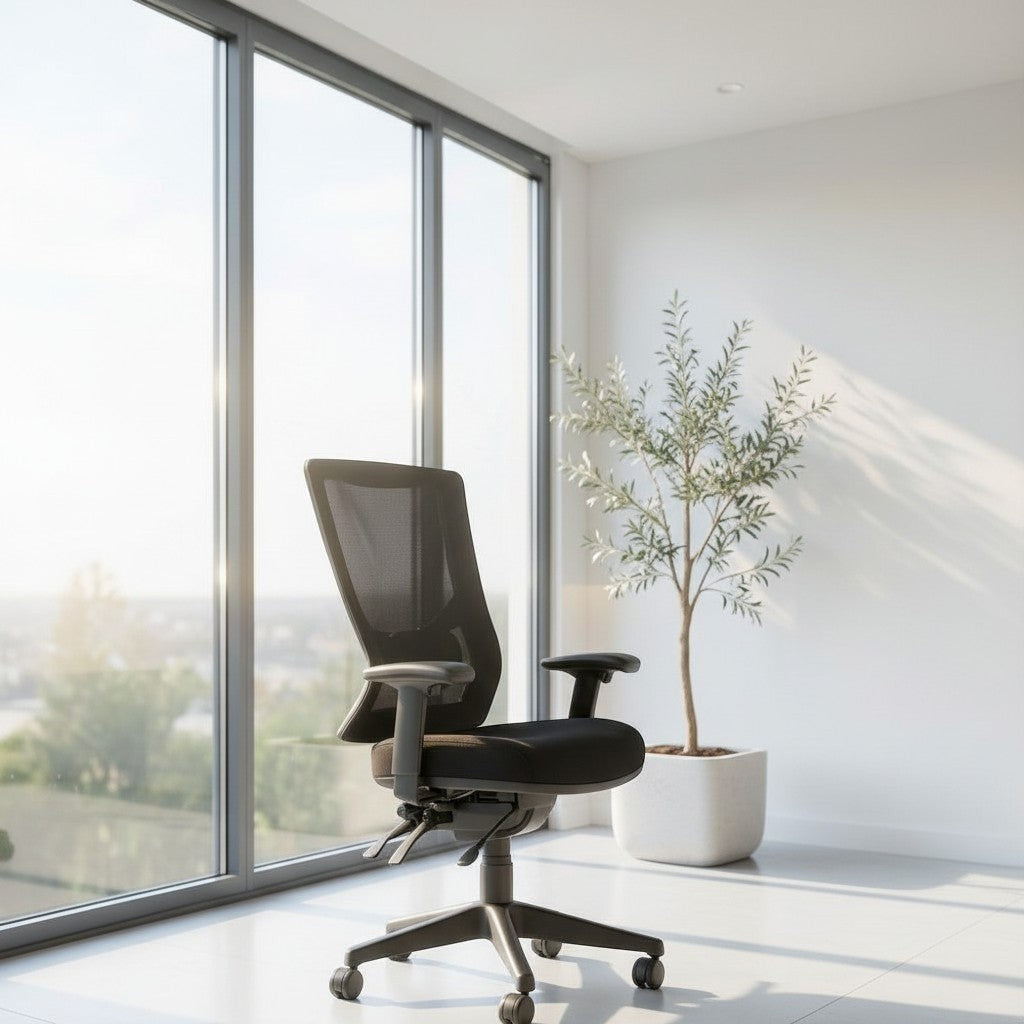 Cloud Office Studio Buro Metro II 24/7 high back ergonomic office chair with black mesh and seat in a bright room