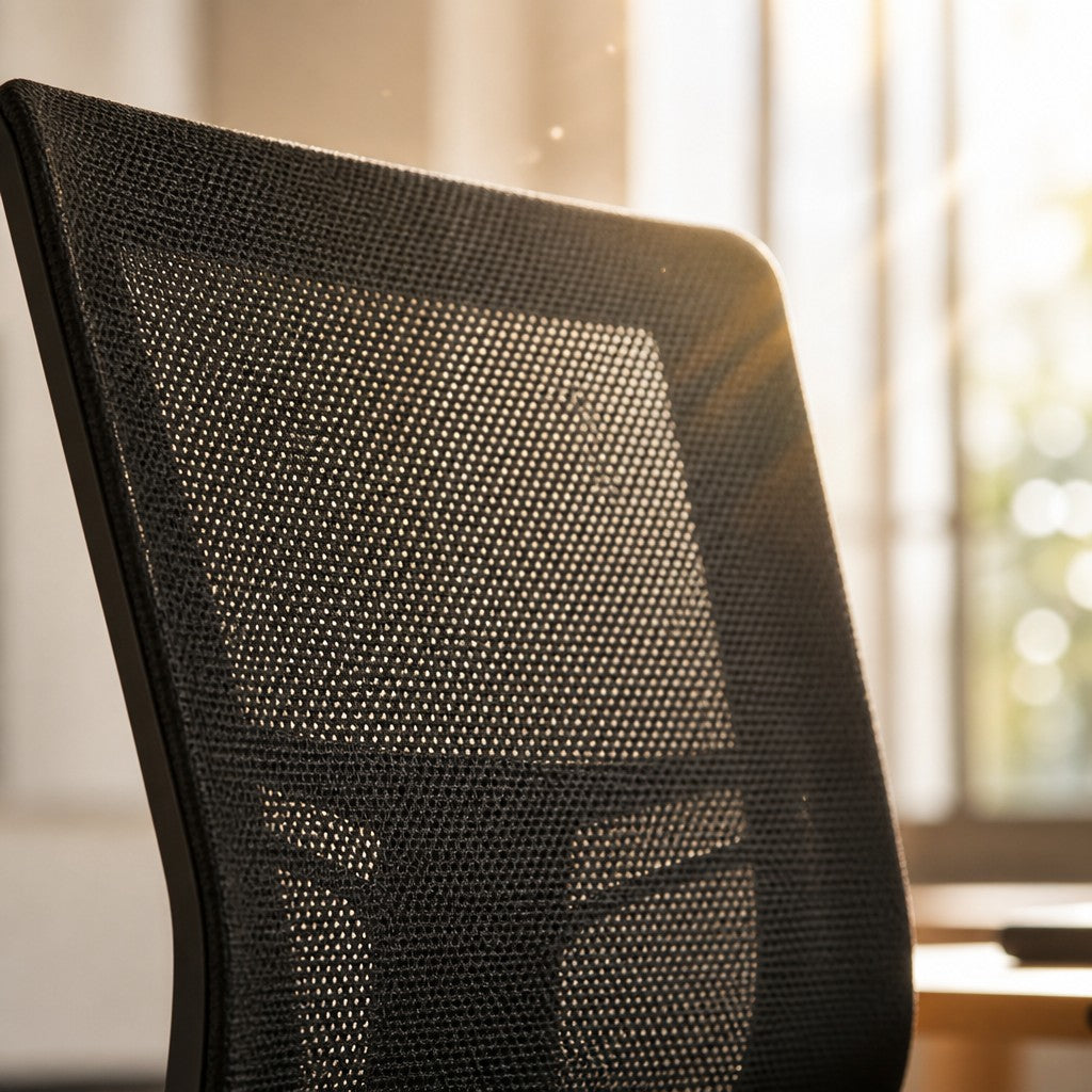 Backlit close-up of the breathable mesh backrest and horizontal lumbar support bar on the Buro Metro II.