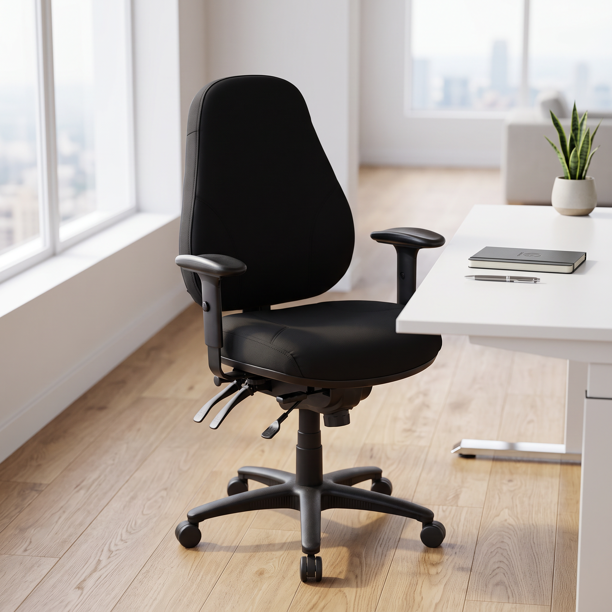 Cloud Office Studio Buro Persona 24/7 heavy-duty ergonomic chair in black fabric with adjustable arms in an office