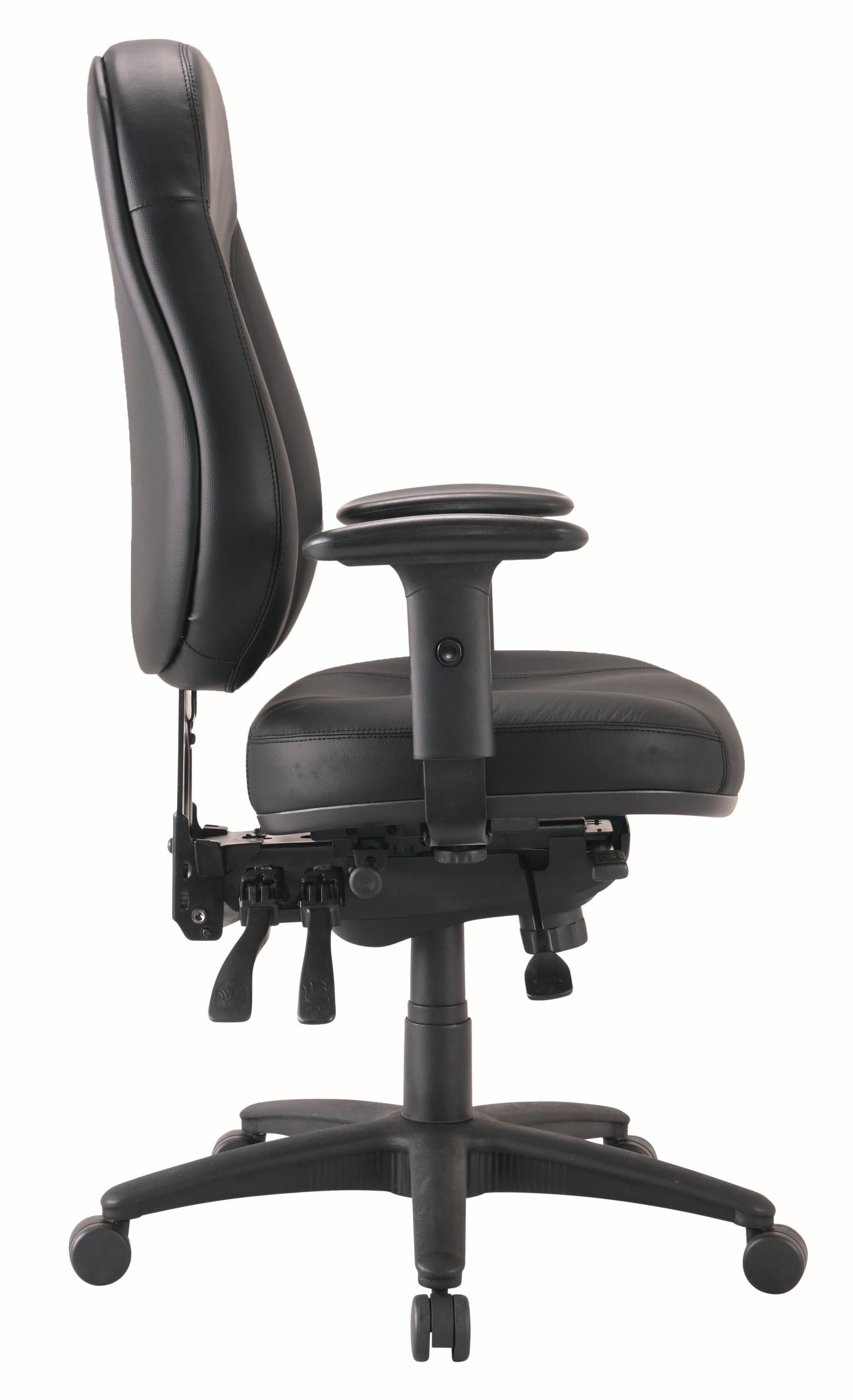 Cloud Office Studio Buro Persona 24/7 black leather ergonomic executive chair, side view showing 4-lever mechanism.