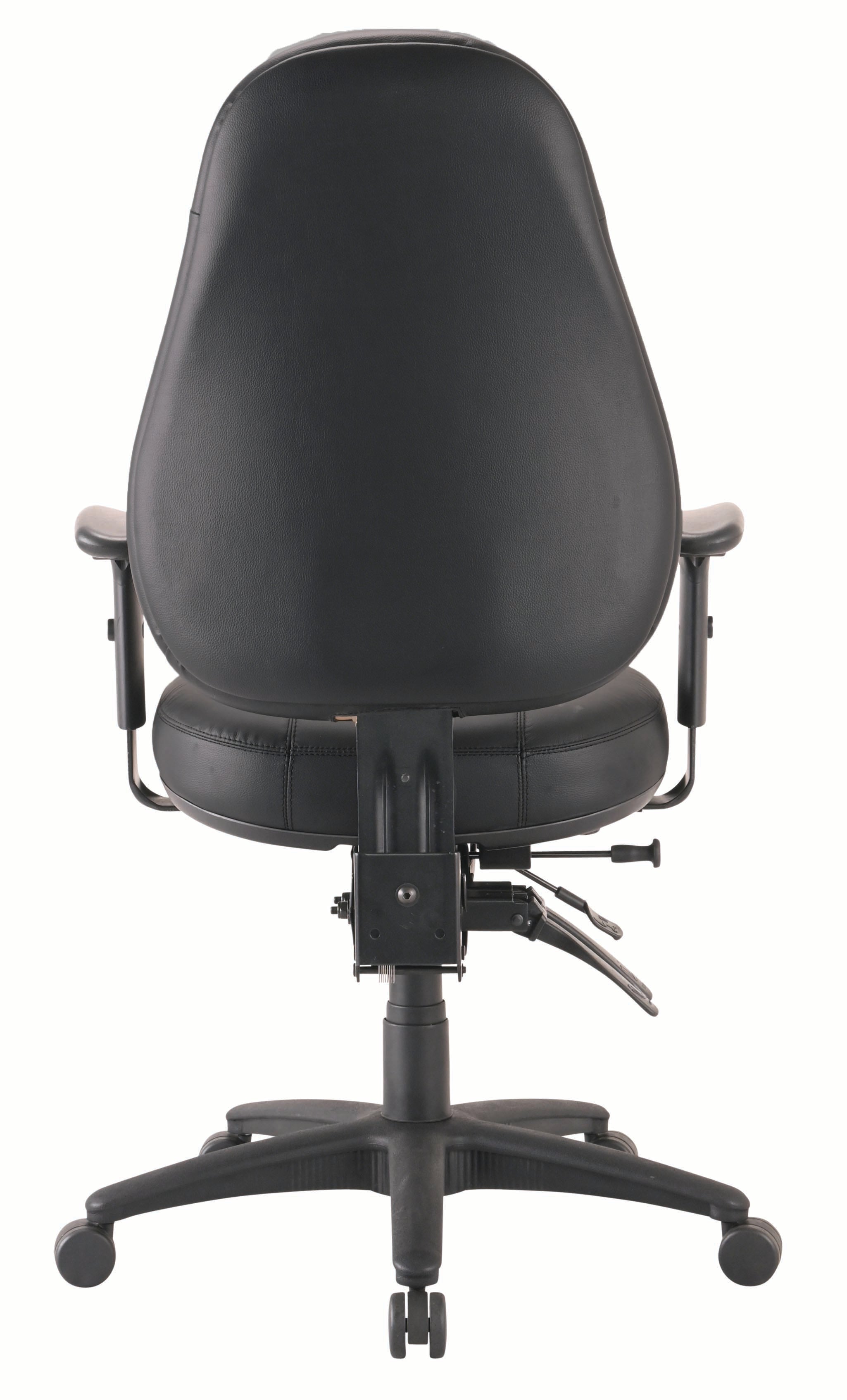 Back view of the black Buro Persona 24/7 heavy-duty ergonomic chair featuring adjustable levers and sturdy base.