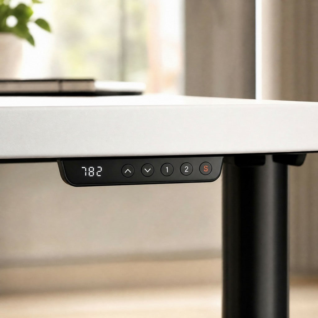 Cloud Office Studio Buro Syntra standing desk control panel with digital height display and memory preset buttons.