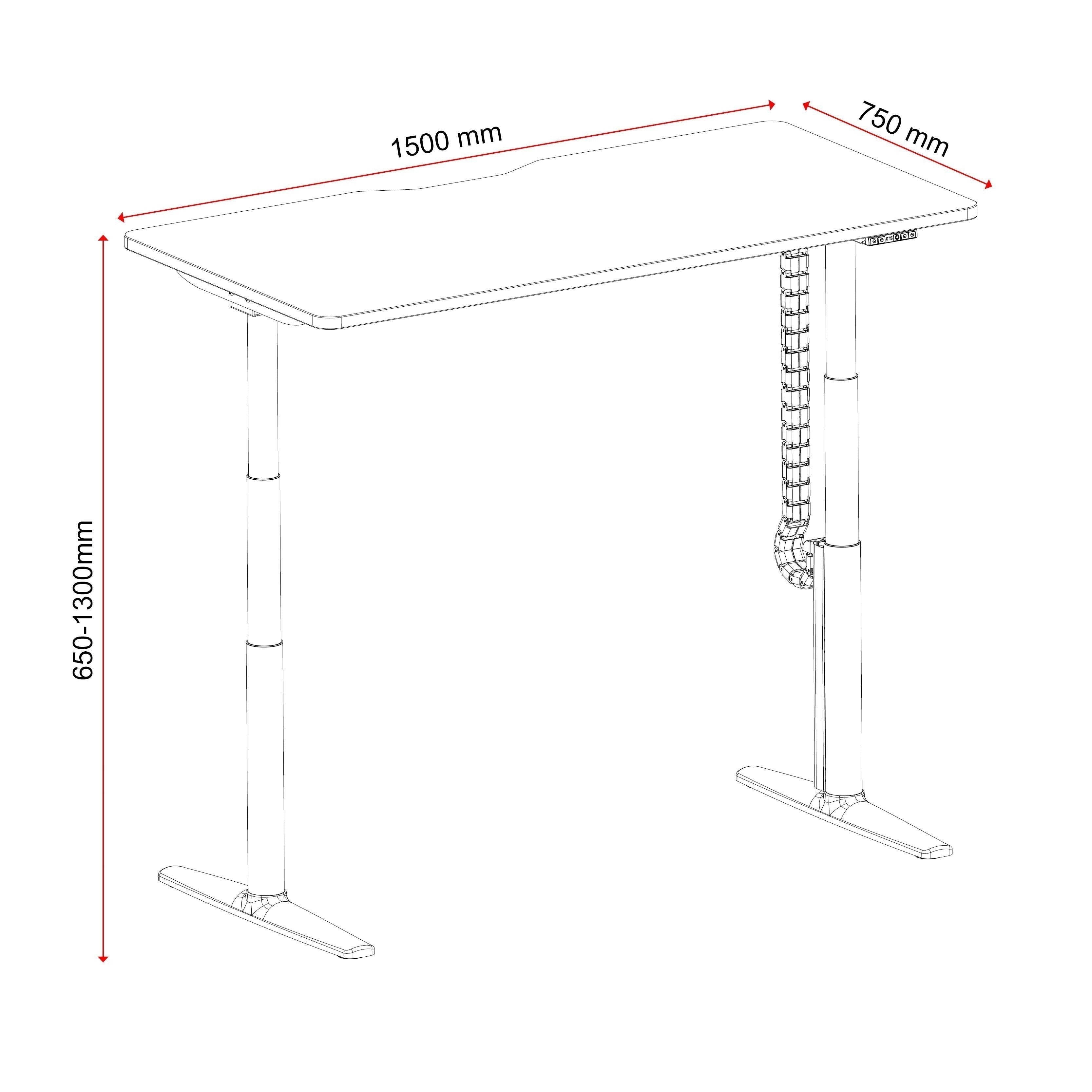 Cloud Office Studio Buro Syntra dual-motor standing desk line drawing with dimensions 1500mm by 750mm