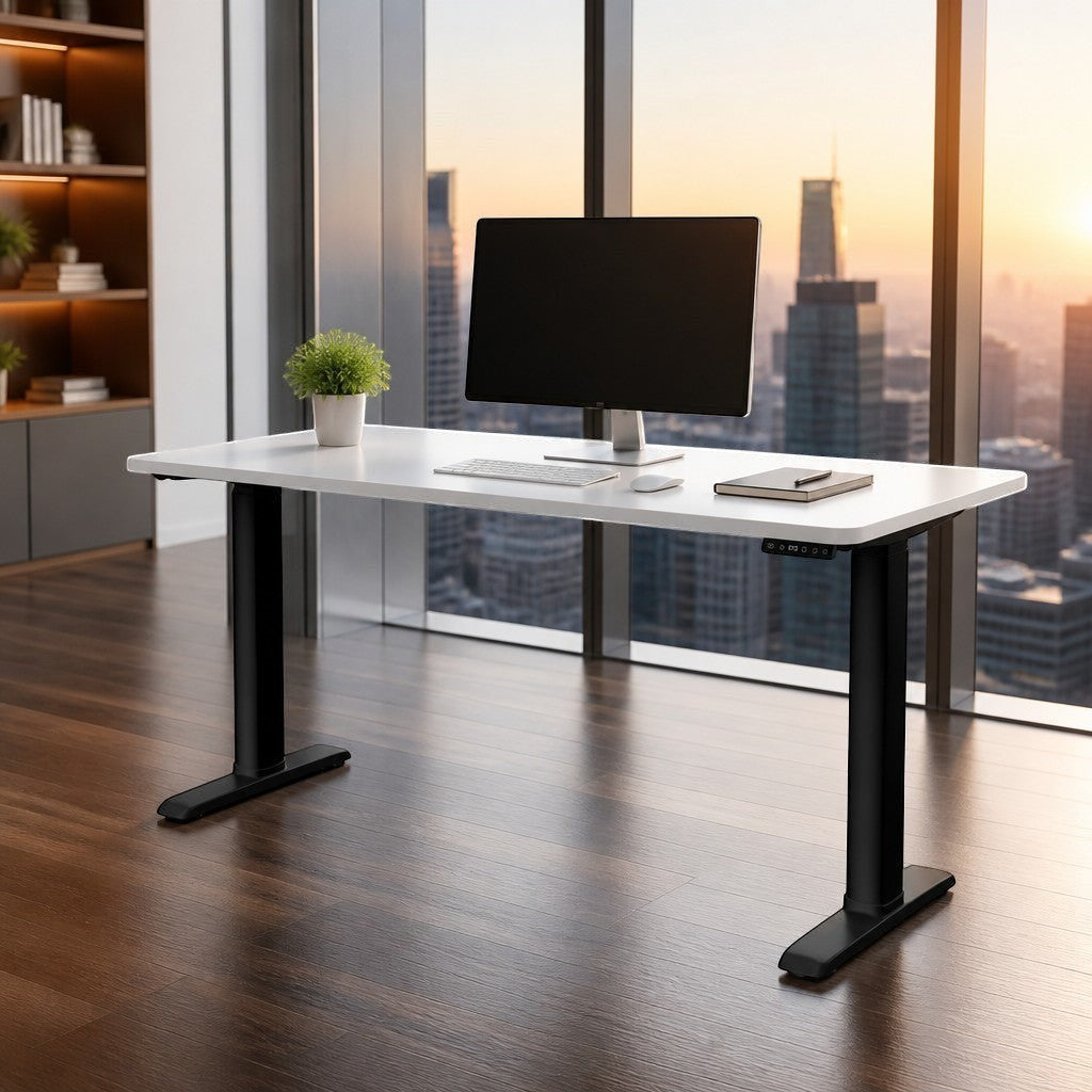 Cloud Office Studio Buro Syntra heavy-duty dual-motor standing desk with a white top and black legs in a modern office.