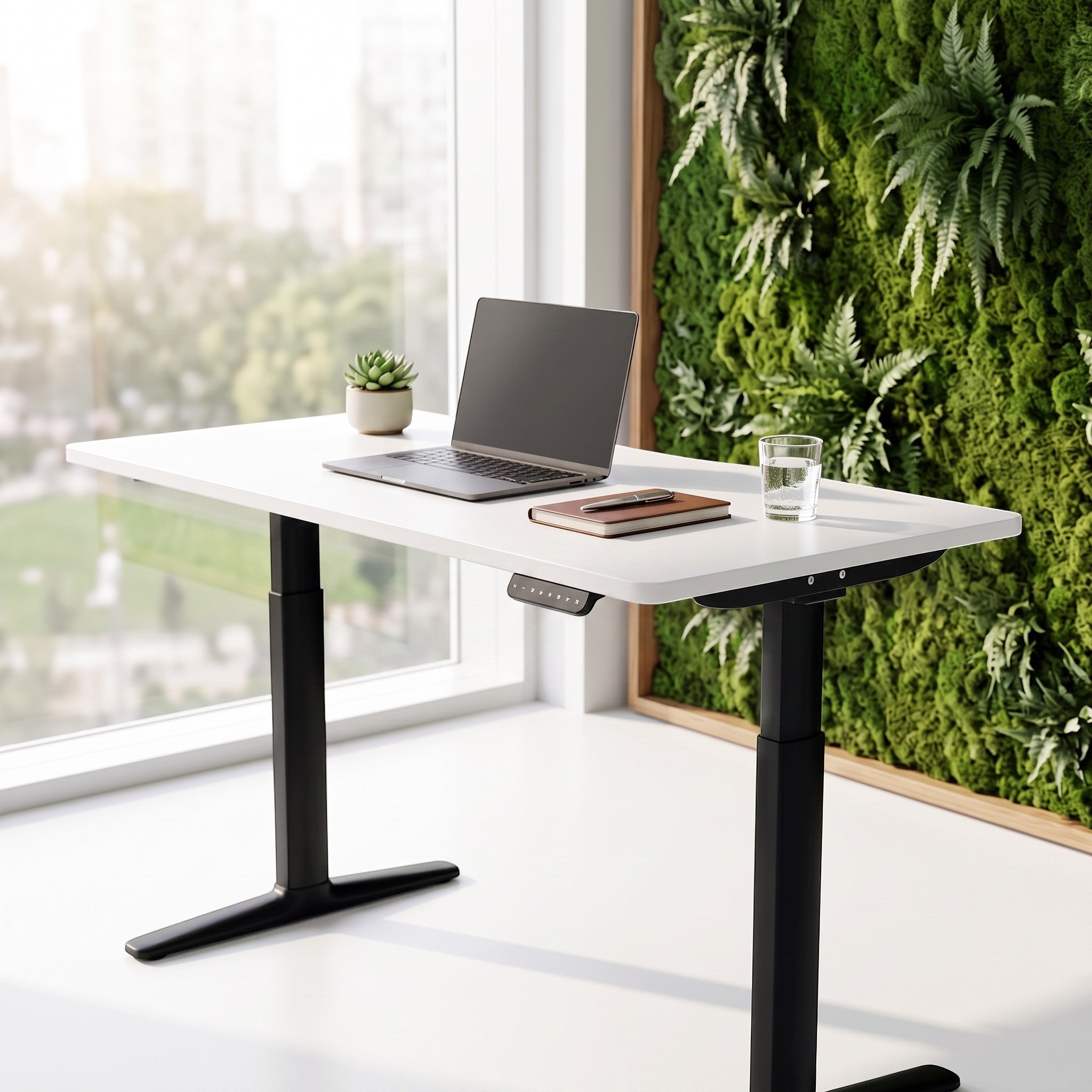 Cloud Office Studio Buro Syntra white standing desk with black dual-motor legs in a bright office with a green wall.