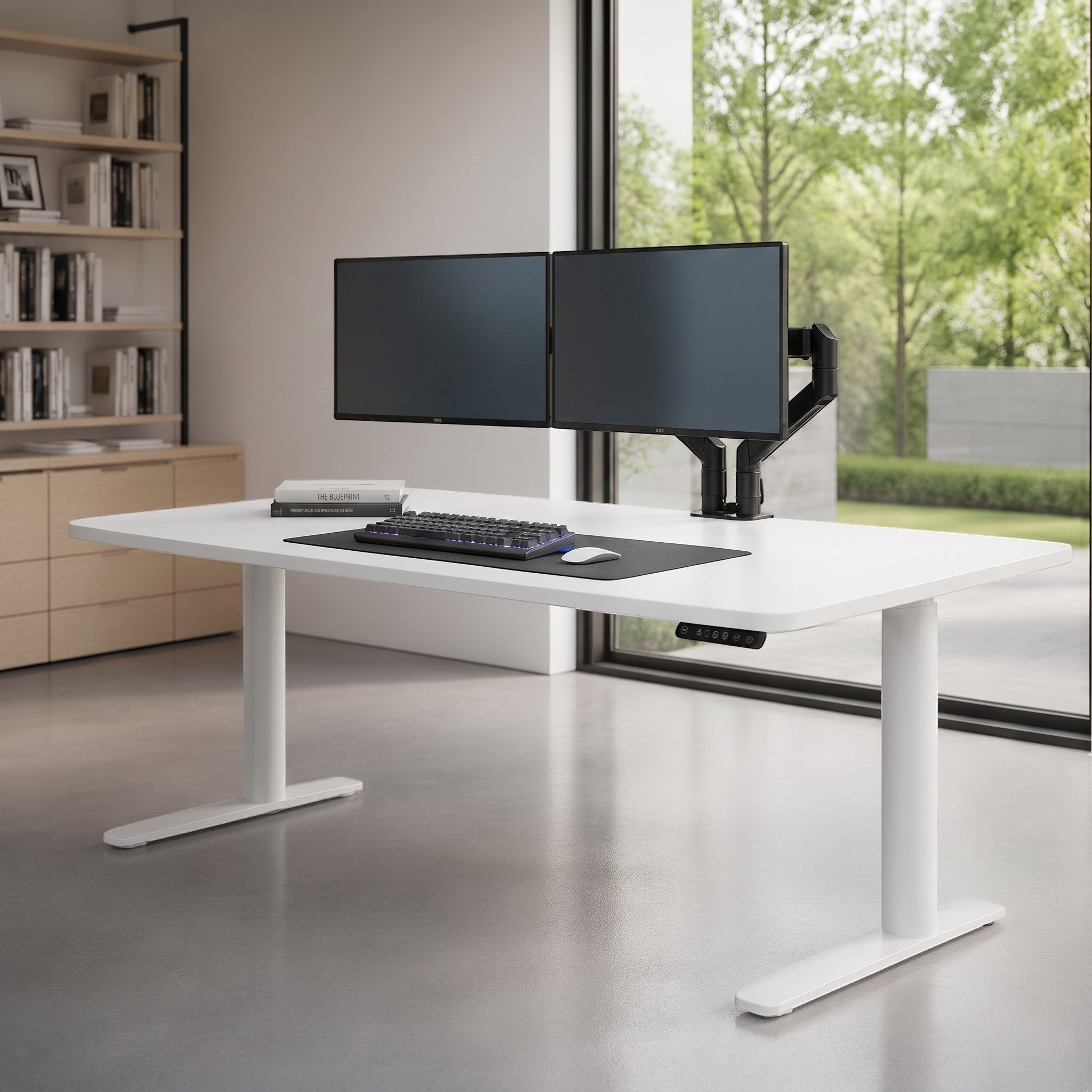 Cloud Office Studio Buro Syntra white heavy-duty dual-motor standing desk with dual monitors in a modern home office.