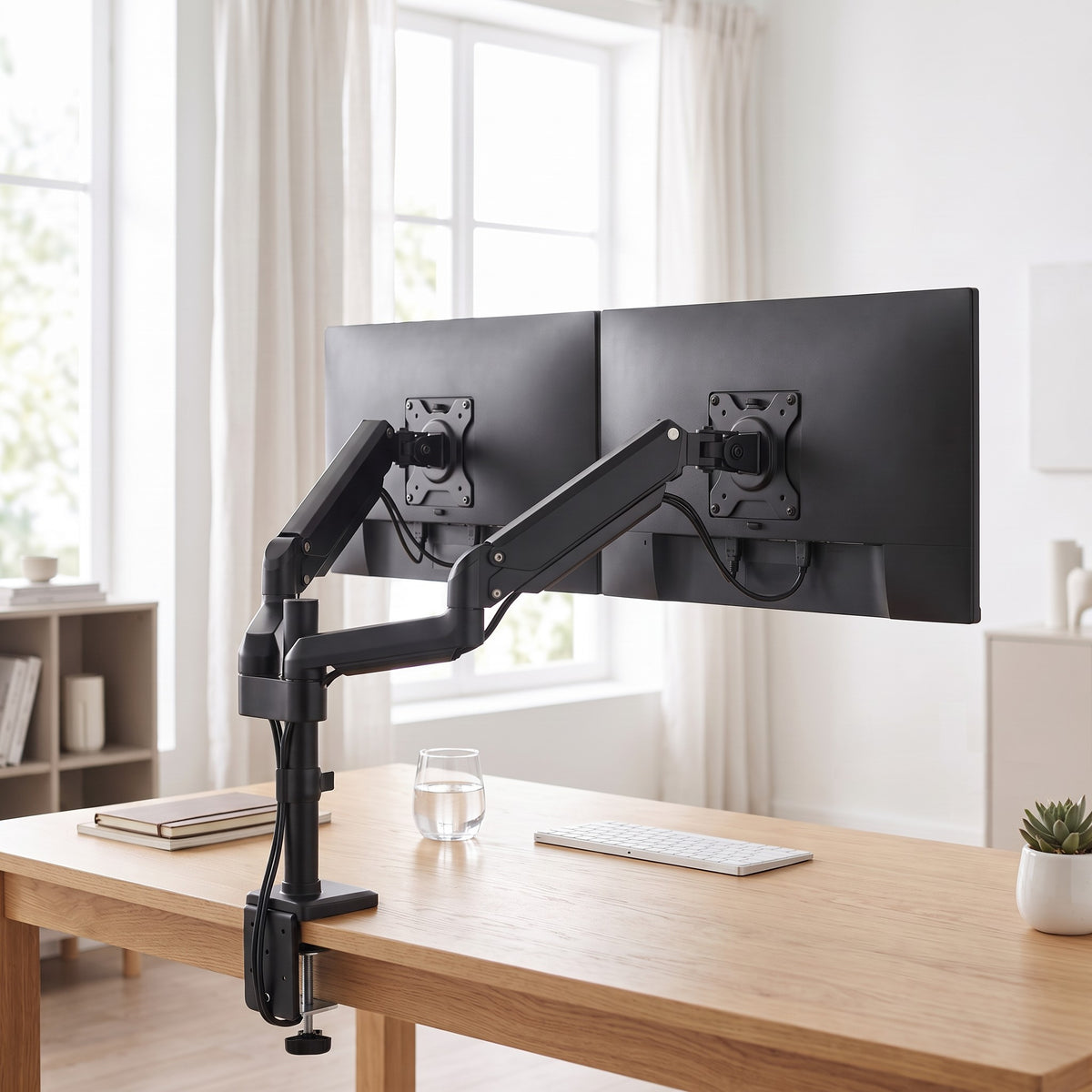 Cloud Office Studio matte black heavy-duty dual gas-spring monitor arm mounted on a wooden desk with two screens.