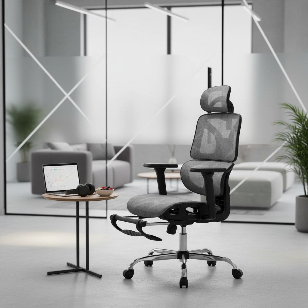 Cloud Office Studio Slate Grey Ergo-Mesh Executive Chair with retractable footrest and adjustable headrest.