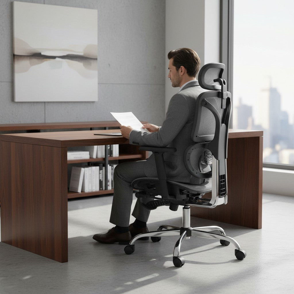 Cloud Office Studio Slate Grey Ergo-Mesh Executive Chair with retractable footrest and adjustable lumbar support.