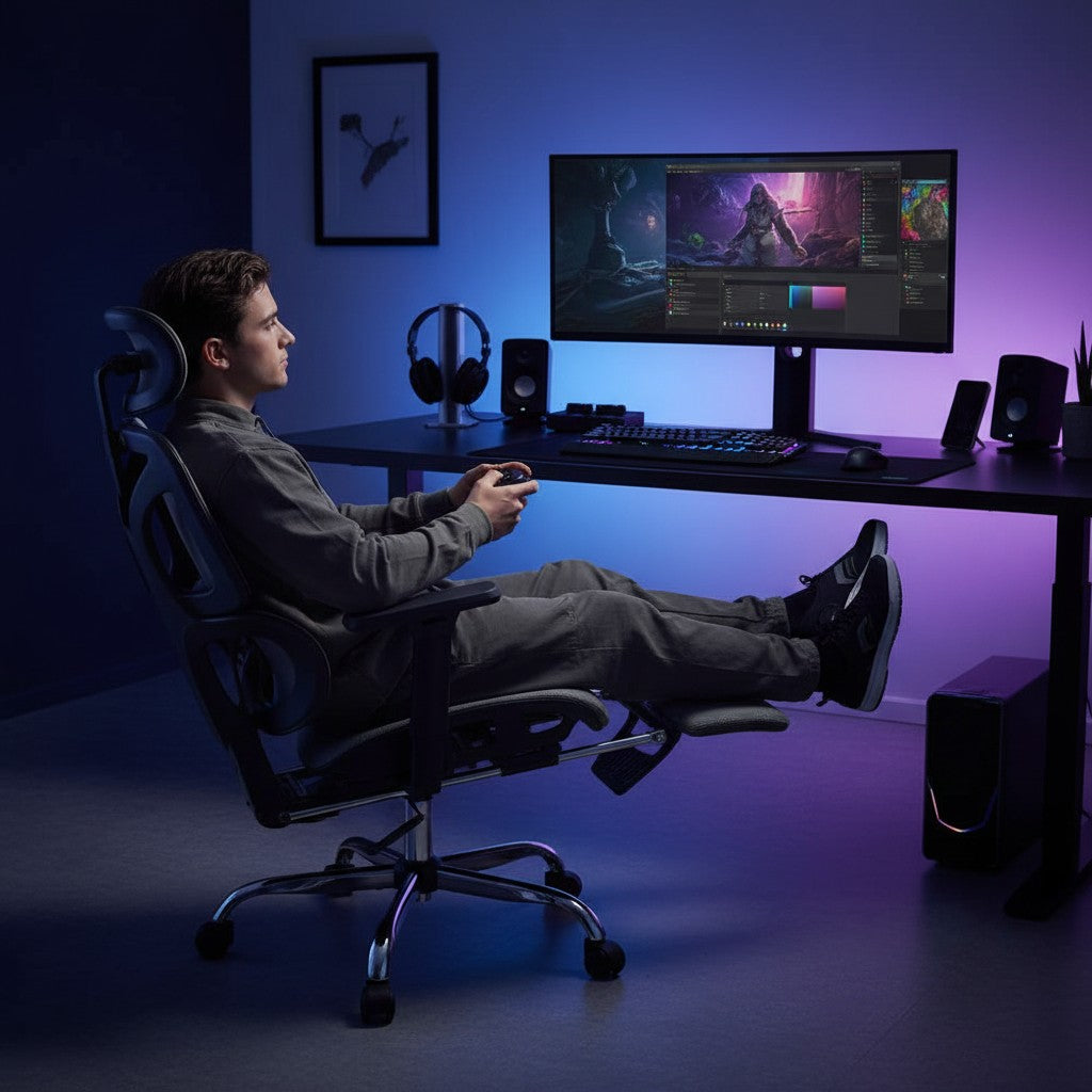 Cloud Office Studio Slate Grey Ergo-Mesh Executive Chair with retractable footrest and 135-degree recline.