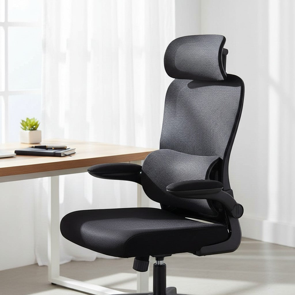 Cloud Office Studio ergonomic black mesh office chair with headrest and lumbar support in a bright home office.