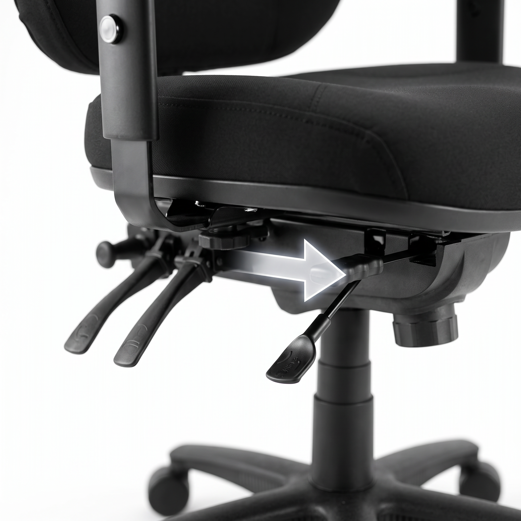 Cloud Office Studio Buro Persona 24/7 ergonomic chair showing the 4-lever heavy-duty adjustment mechanism