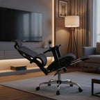 Cloud Office Studio matte black ergonomic mesh executive chair with retractable footrest and adjustable headrest.