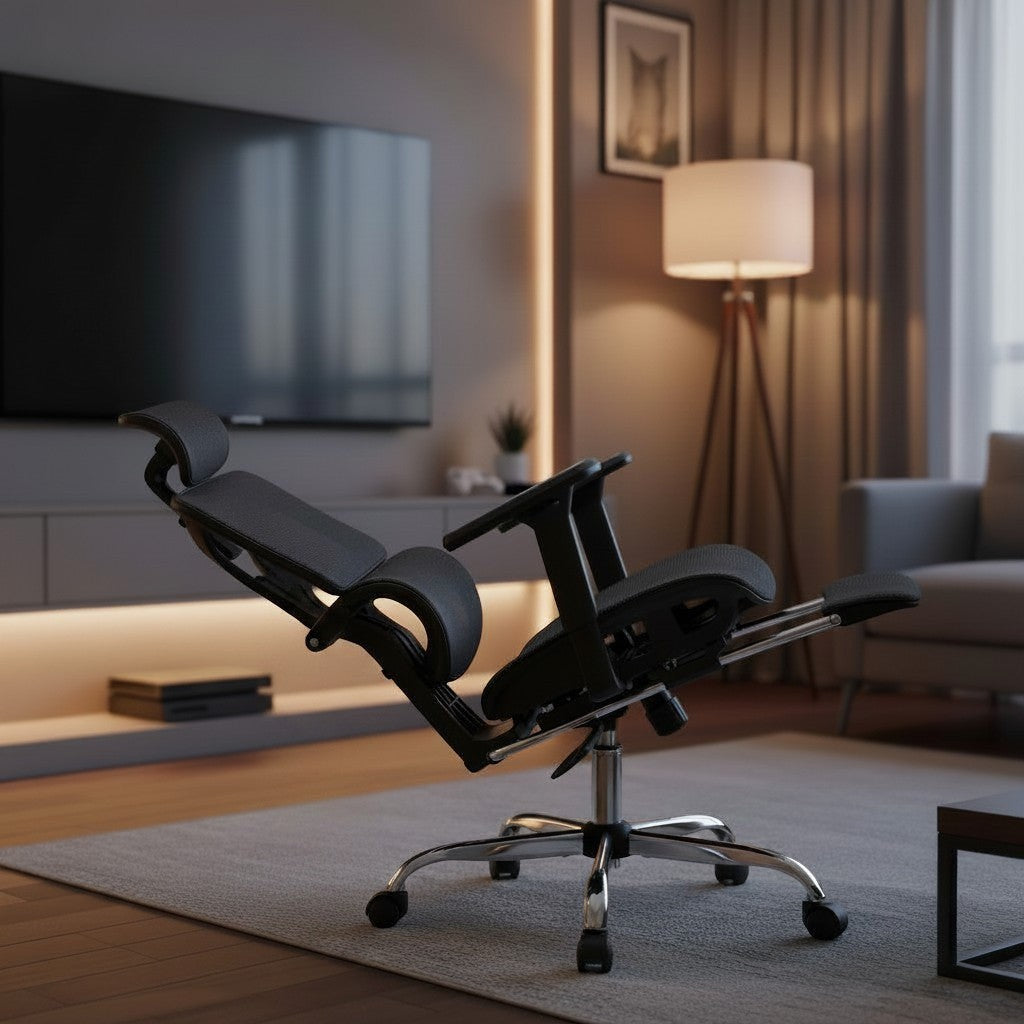 Cloud Office Studio matte black ergonomic mesh executive chair with retractable footrest and adjustable headrest.