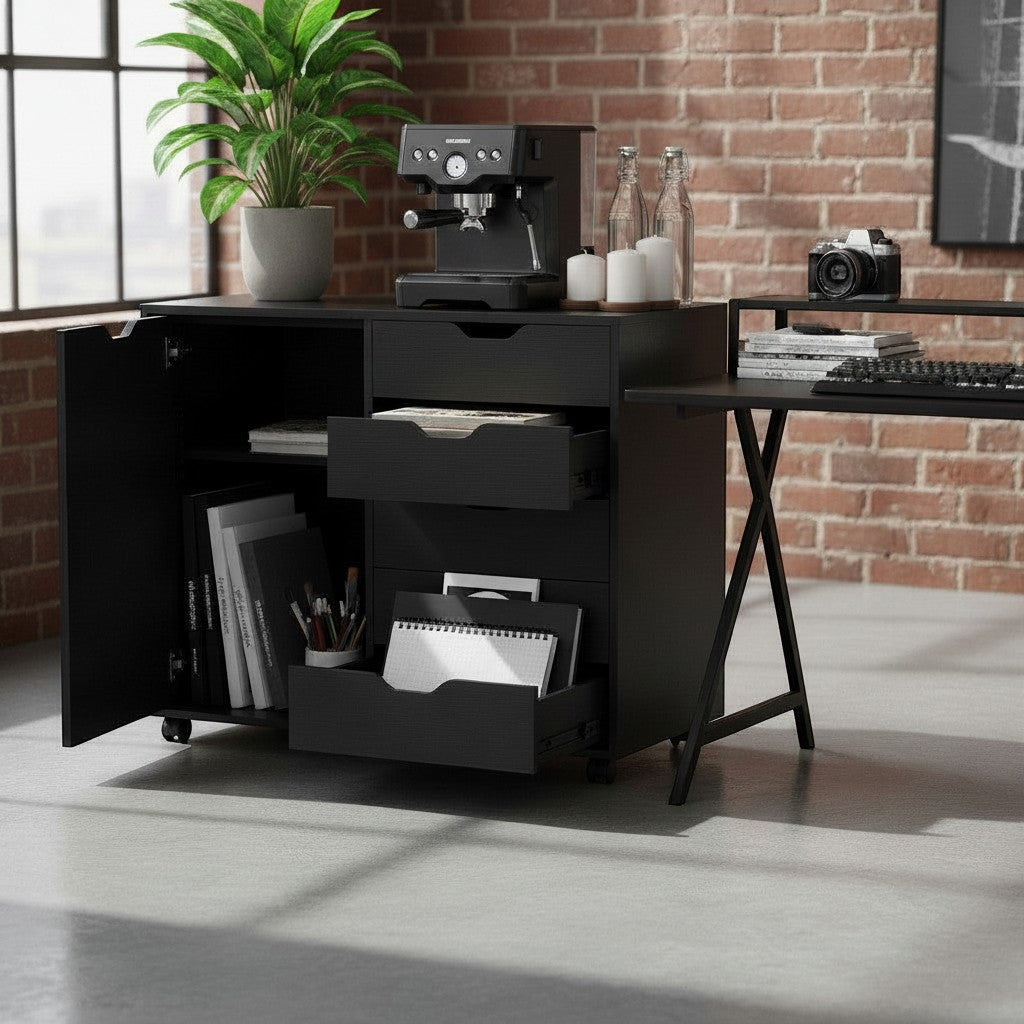 Cloud Office Studio matte black executive storage console with five drawers and a side cabinet in a modern home office.