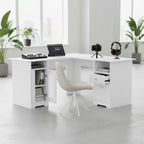 Cloud Office Studio L-shaped executive desk in matte white with integrated storage, including a cabinet and drawers.