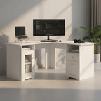 Cloud Office Studio L-shaped executive desk in matte white with integrated storage, including a cabinet and drawers.