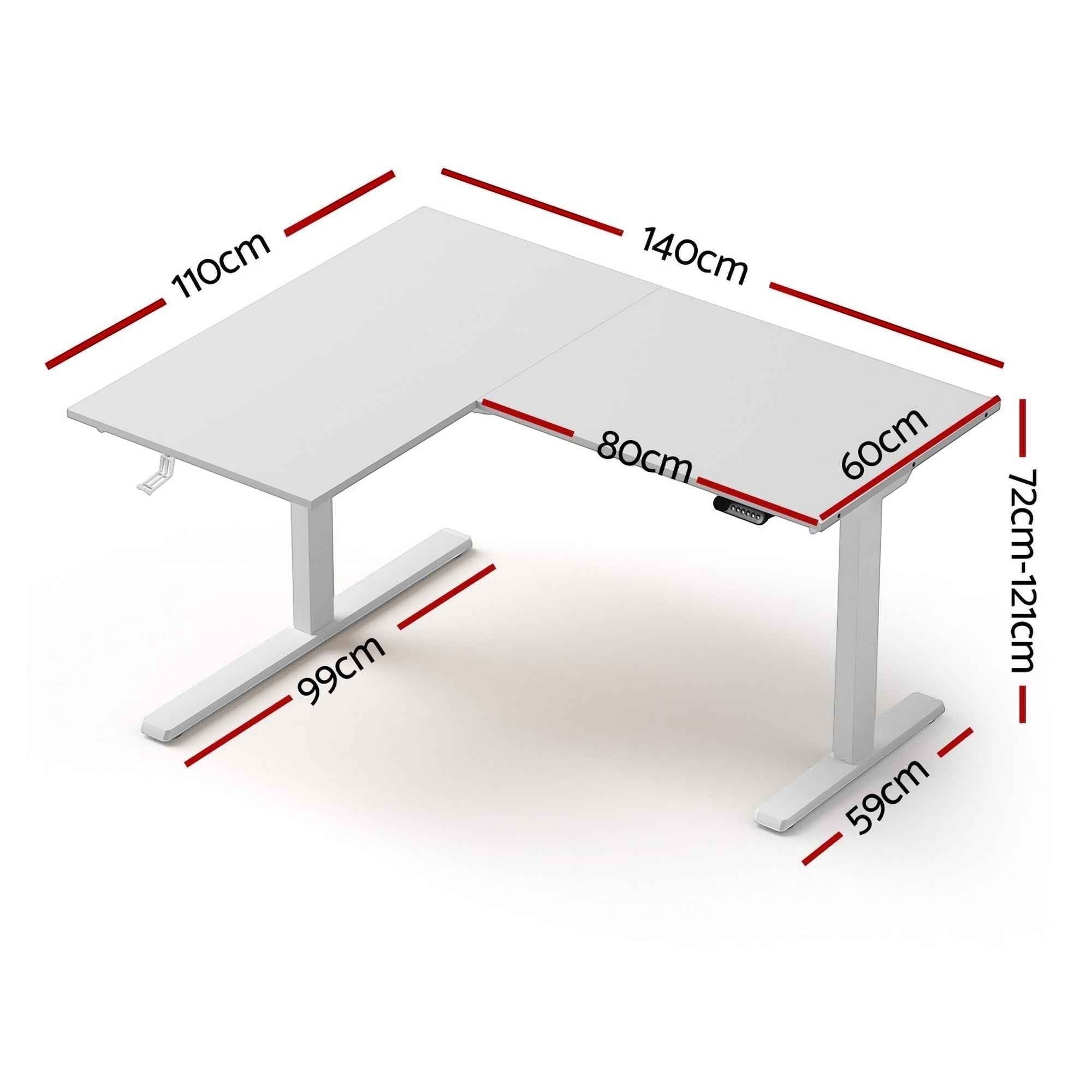 Cloud Office Studio L-shaped standing desk in matte white with dual motors and adjustable height. Dimensions shown.
