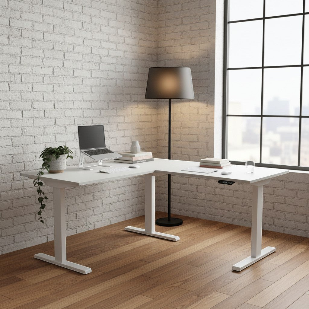 Cloud Office Studio L-shaped standing desk in matte white with dual motors and digital control panel.