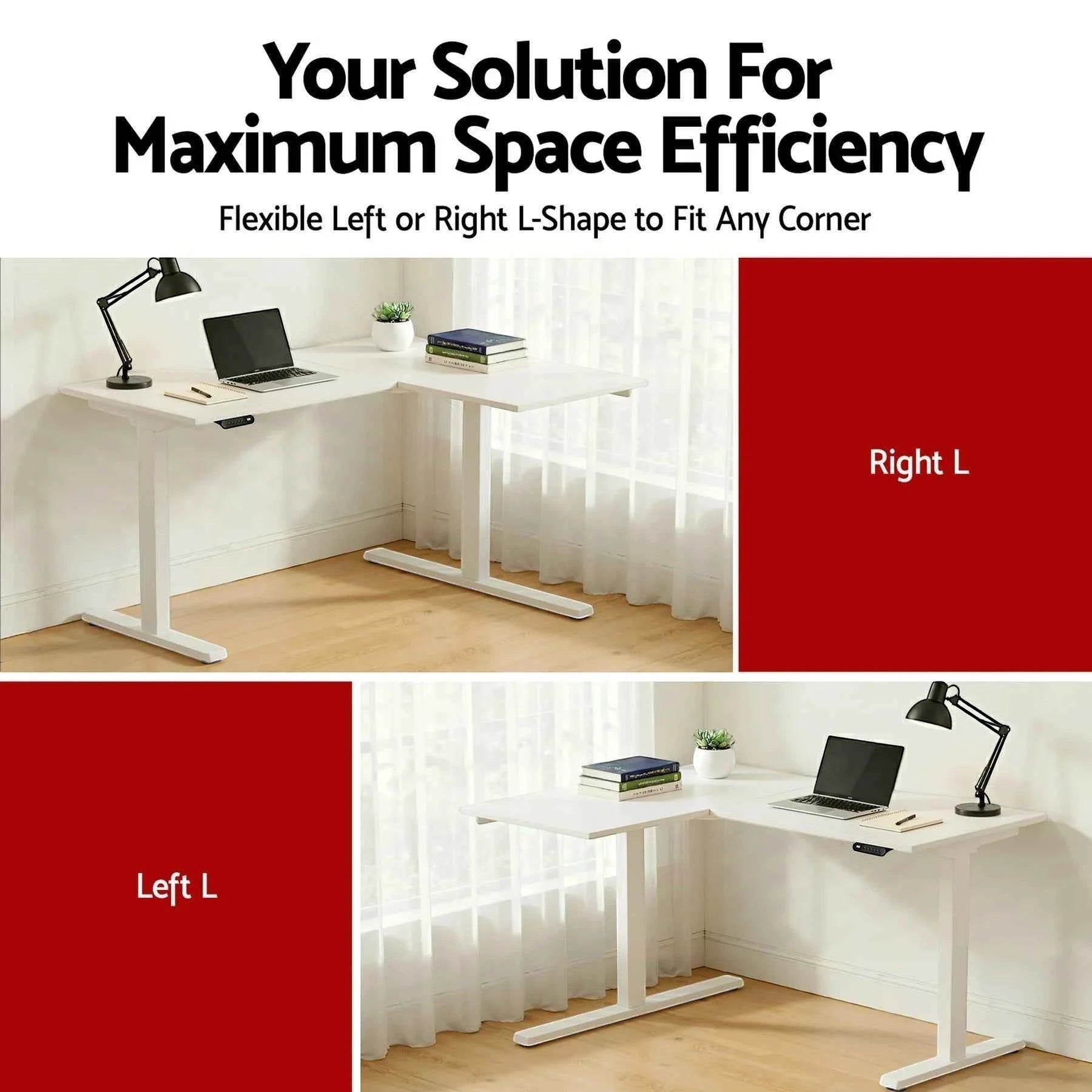 Cloud Office Studio L-shaped standing desk in matte white with dual motors and reversible configuration. Features a large surface area, white steel frame, and adjustable height.