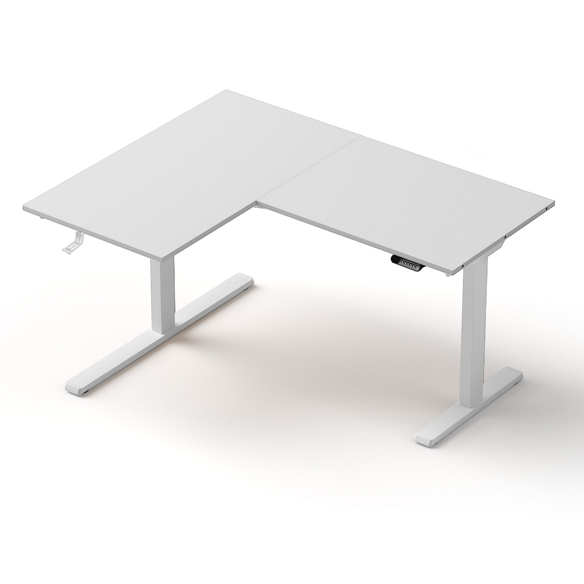Cloud Office Studio L-shaped standing desk in matte white with dual motors and digital control panel.
