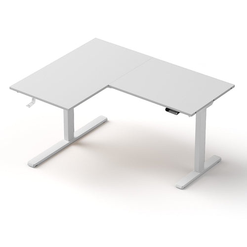 Cloud Office Studio L-shaped standing desk in matte white with dual motors and digital control panel.