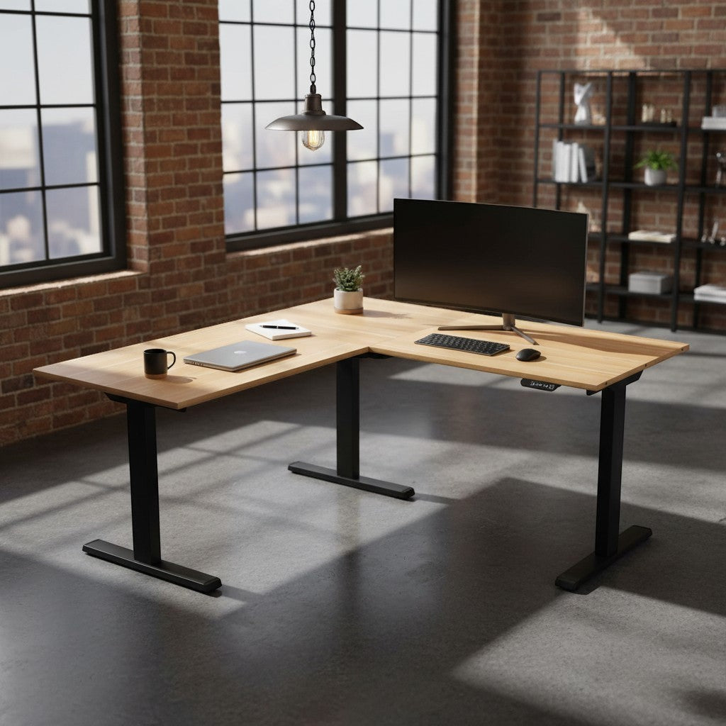 Cloud Office Studio L-shaped standing desk with Natural Oak desktop and black frame. Features dual motors and a reversible configuration.