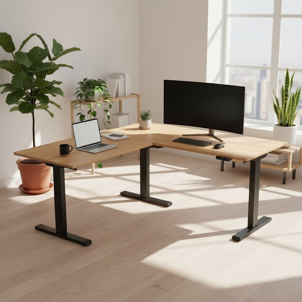 Cloud Office Studio L-shaped standing desk with Natural Oak desktop and black frame. Features dual motors and ample workspace.