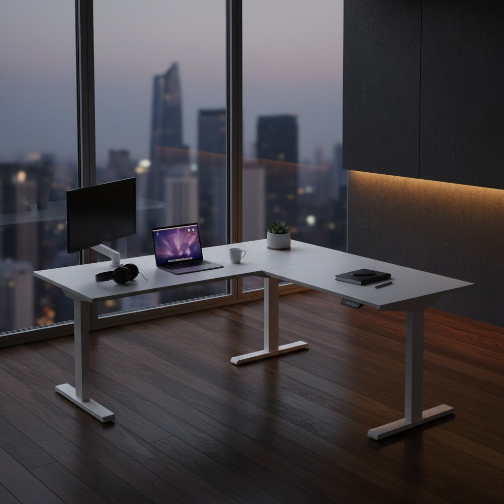 Cloud Office Studio matte white L-shaped dual-motor standing desk in a modern office with city skyline view.