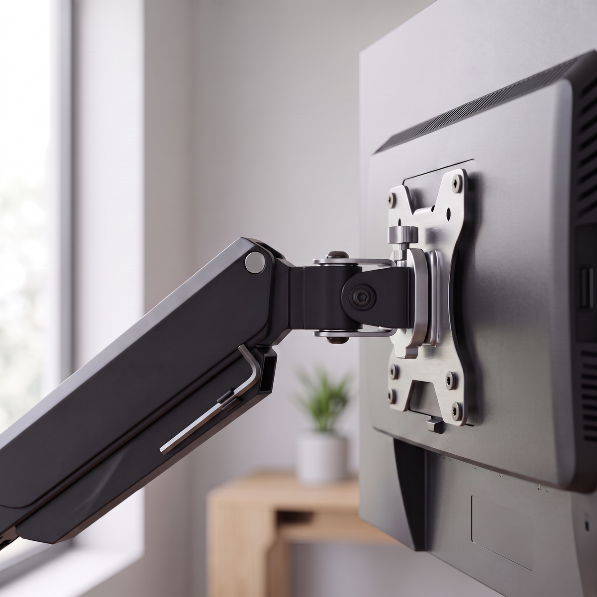 Cloud Office Studio matte black heavy-duty dual gas-spring monitor arm attached to a screen with VESA plate