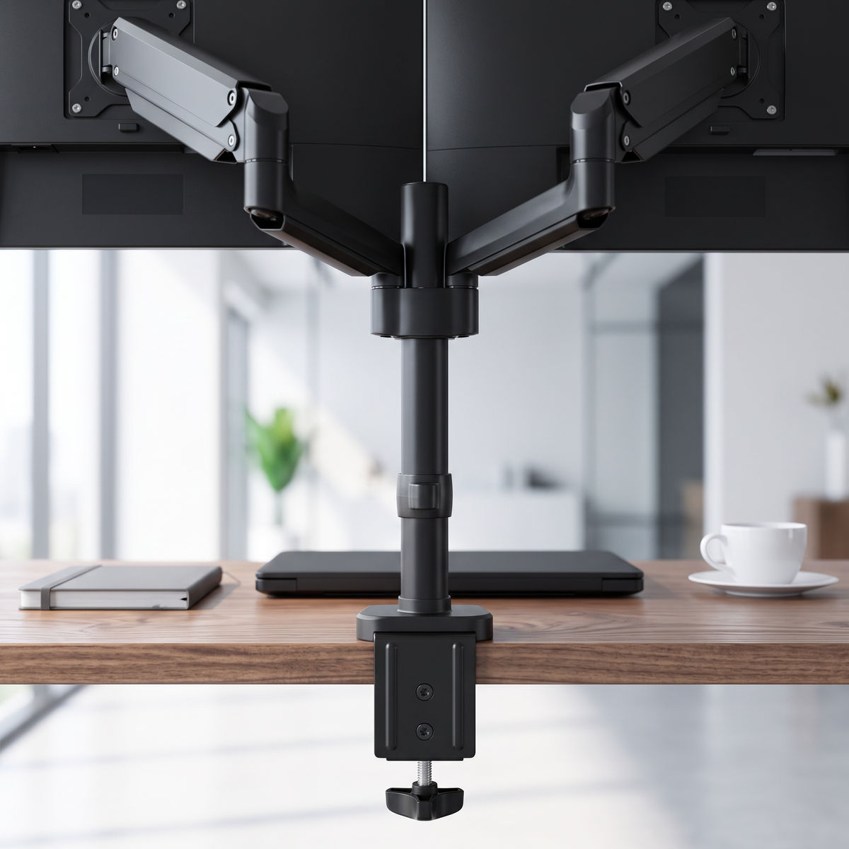 Cloud Office Studio ApexMotion matte black dual gas-spring monitor arm mounted on a wooden desk with two screens.