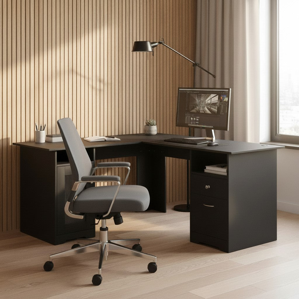 Cloud Office Studio matte black L-shaped executive desk with integrated storage drawers in a modern home office.