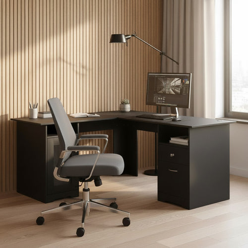 Cloud Office Studio matte black L-shaped executive desk with integrated storage drawers in a modern home office.