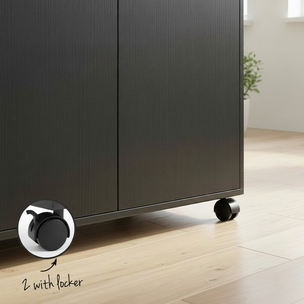 Cloud Office Studio matte black storage console featuring heavy-duty rolling casters with locking brakes