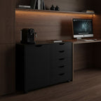 Cloud Office Studio matte black executive storage console with five drawers and a side cabinet in a modern office.