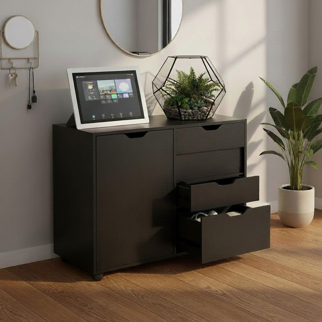 Cloud Office Studio matte black executive storage console with five drawers and a side cabinet in a modern home office.