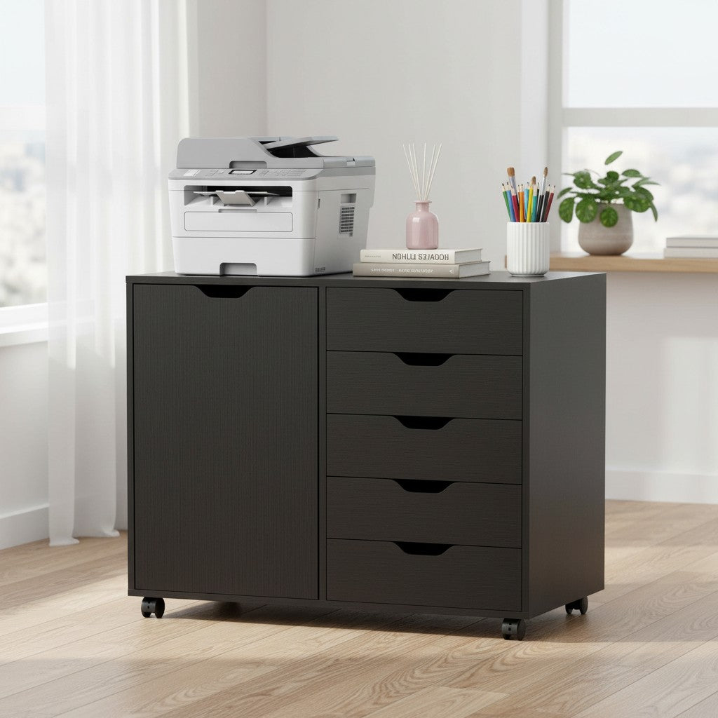 Cloud Office Studio matte black executive storage console with five drawers and a side cabinet on rolling casters.