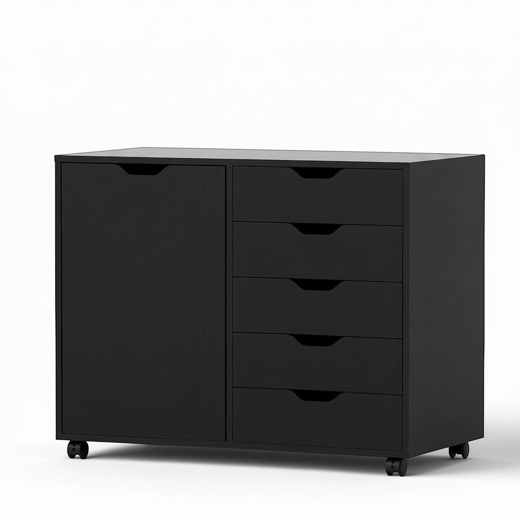 Cloud Office Studio matte black executive storage console with five drawers and a side cabinet on rolling casters.