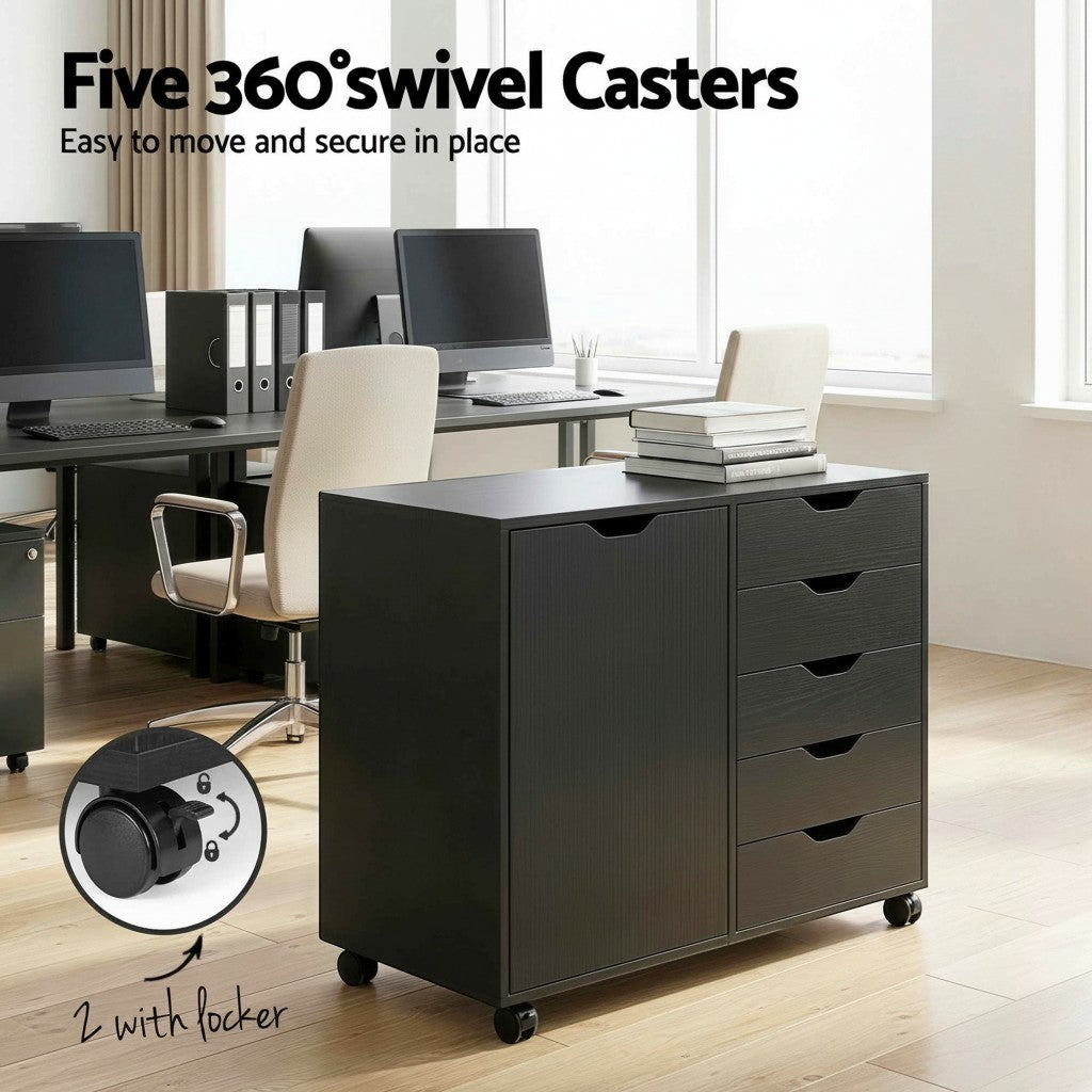 Cloud Office Studio matte black executive storage console with five drawers, side cabinet, and heavy-duty casters.
